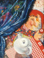 Petrushka and a Tea-pot. 40x55. Cardboard, levkas, application, oil, 1997