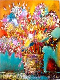 The Bouquet in Straw basket., 1999, 60х80 Oil on canvas, Cycle City. Color. Image.